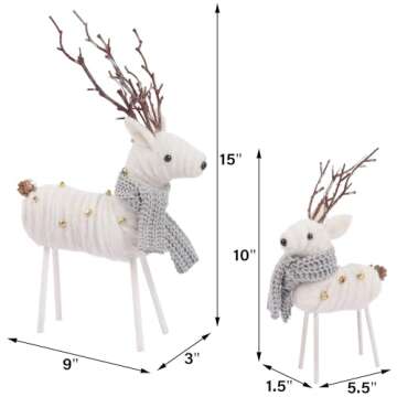 winemana 2 Pcs Plush Fabric White Figurines Reindeer with Scarf Bells Christmas Table Ornaments, Tab...