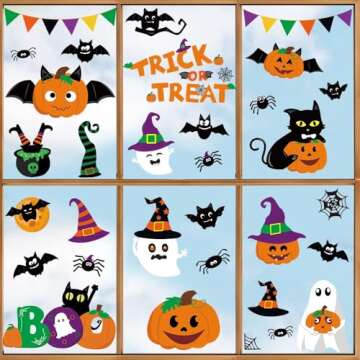 Ivenf Halloween Decorations Indoor Window Clings Decor, Large Cute Pumpkin Ghost Black Cat Bat Trick or Treat Window Decals for Glass Windows, Kids School Home Office Party Window Stickers, 4 Sheets