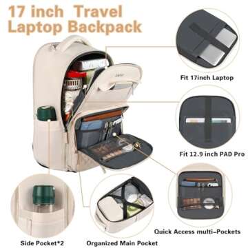 ZOMFELT Rolling Backpack for Women, Travel Backpack with Wheels, 17 Inch Laptop Backpack with Toiletry Bag, Carry on Luggage Wheeled Backpack for Travel Trip Business Beige