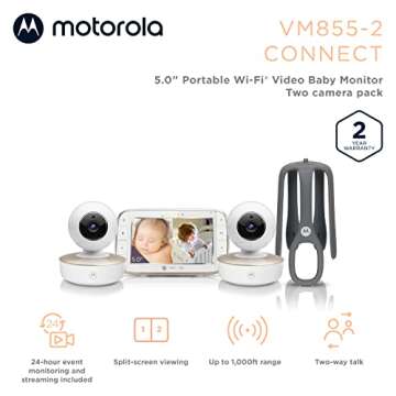 Motorola Baby Monitor VM855-2 - Indoor 2-Camera Video with Crib Mount - HD 720p, Connects to Phone App, 1000ft Range, 2-Way Audio, Split-Screen, Digital Pan-Tilt-Zoom, Room Temp Monitoring, Music