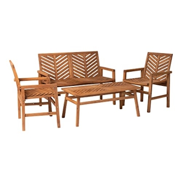 Walker Edison 4 Person Outdoor Wood Chevron Patio Furniture Set Loveseat Chairs Coffee Table All Wea...
