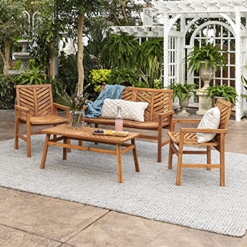 Walker Edison 4 Person Outdoor Wood Chevron Patio Furniture Set Loveseat Chairs Coffee Table All Weather Backyard Conversation Garden Poolside Balcony, 4 Piece, Brown