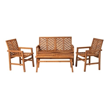 Walker Edison 4 Person Outdoor Wood Chevron Patio Furniture Set Loveseat Chairs Coffee Table All Weather Backyard Conversation Garden Poolside Balcony, 4 Piece, Brown