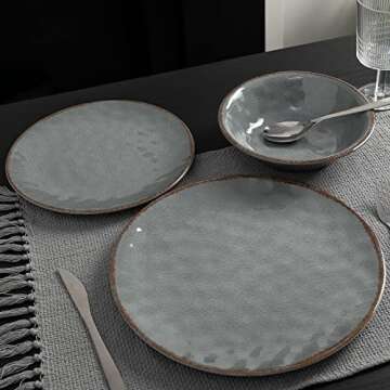 LEHAHA Rustic Farmhouse 12 Piece Melamine Camping Dinnerware Set, Plates and Bowls Sets, Indoor and Outdoor Use, Lightweight and Unbreakable Kitchen dishes Set for 4(Grey)