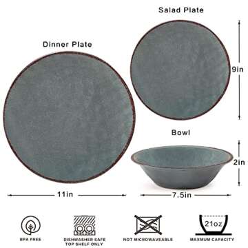 LEHAHA Rustic Farmhouse 12 Piece Melamine Camping Dinnerware Set, Plates and Bowls Sets, Indoor and Outdoor Use, Lightweight and Unbreakable Kitchen dishes Set for 4(Grey)