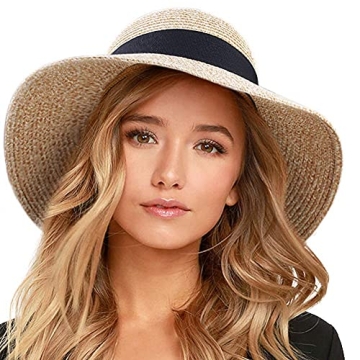 FURTALK Womens Beach Sun Straw Hat UV UPF 80+ Travel Foldable Brim Summer UV Hat Mixed Beige