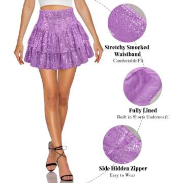 MIYIEONZ Women Sequin Skirt Sparkly Cute High Waist Ruffle Flowy Shiny Glitter Mini Short Skirts Nig...