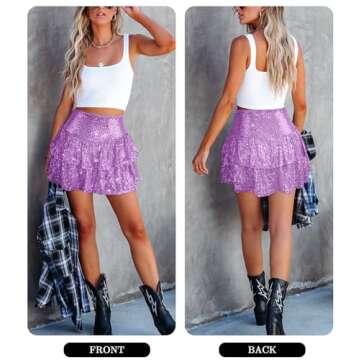 MIYIEONZ Women Sequin Skirt Sparkly Cute High Waist Ruffle Flowy Shiny Glitter Mini Short Skirts Night Out Club Party Purple