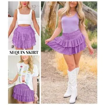 MIYIEONZ Women Sequin Skirt Sparkly Cute High Waist Ruffle Flowy Shiny Glitter Mini Short Skirts Night Out Club Party Purple