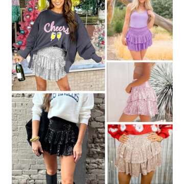 MIYIEONZ Women Sequin Skirt Sparkly Cute High Waist Ruffle Flowy Shiny Glitter Mini Short Skirts Night Out Club Party Purple