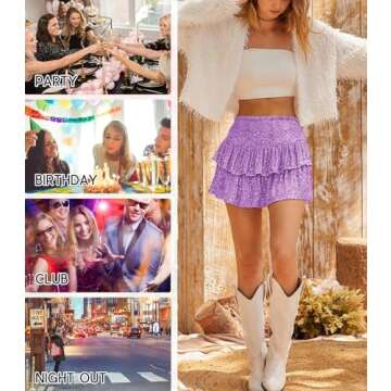 MIYIEONZ Women Sequin Skirt Sparkly Cute High Waist Ruffle Flowy Shiny Glitter Mini Short Skirts Night Out Club Party Purple