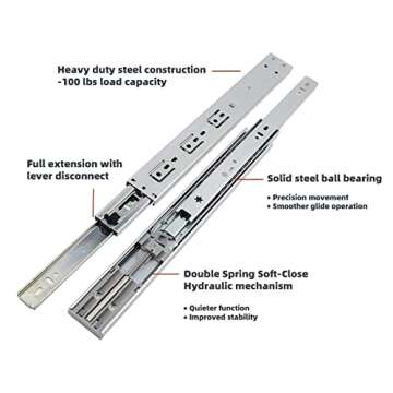 Decobasics Double Spring Soft Close Drawer Slides 22 inch (10 Set/Pair) Full Extension Ball Bearing 100 lbs Capacity Heavy Duty Drawer Slides and Glides for Kitchen Cabinets & Furnitures Easy Install
