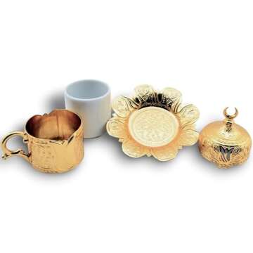LaModaHome Tulip Patterned Porcelain Espresso Coffee Cup Set with Saucer, Holder and Spoons, Turkish Delight Bowl with Lid with Serving Tray, Housewarming Gifts for Cappucino Lovers - Gold/White