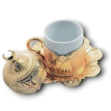 LaModaHome Tulip Patterned Porcelain Espresso Coffee Cup Set with Saucer, Holder and Spoons, Turkish Delight Bowl with Lid with Serving Tray, Housewarming Gifts for Cappucino Lovers - Gold/White