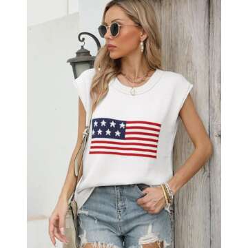 Allifewithu Women's Cap Sleeve Crew Neck Sweaters Vest American Flag Lightweight Sweaters Tops White Large