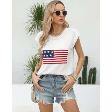 Allifewithu Women's Cap Sleeve Crew Neck Sweaters Vest American Flag Lightweight Sweaters Tops White Large