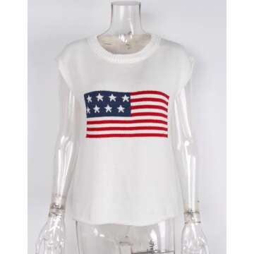 Allifewithu Women's Cap Sleeve Crew Neck Sweaters Vest American Flag Lightweight Sweaters Tops White Large