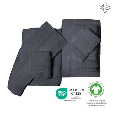 BIOWEAVES 100% Organic Cotton 700 GSM Plush 6-Piece Towel Set GOTS Certified, 2 Bath Towels, 2 Hand Towels & 2 Washcloths - Charcoal