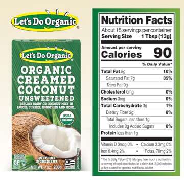 Let's Do Organic Unsweetened Creamed Coconut - Organic Coconut Cream, Vegan Heavy Cream, Unsweetened Coconut Cream, Coconut Milk - 7 Ounce (Pack of 6)