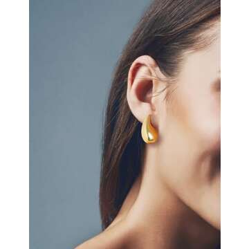 Teardrop Earrings Dupes for Women, Chunky Gold Hoop Earrings, Lightweight Hypoallergenic 14k Gold Pl...