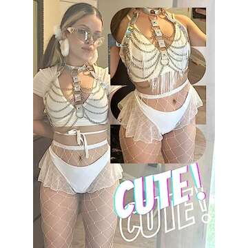 Rave Bottoms for Women - Festival Cute High Waisted Bikini Shorts Sheer Mesh Ruffle Dance Skirt Club Mini Hot Pants(White,M,1089e)
