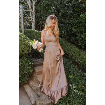 OFEECHUN Boho Black Bridesmaid Dresses with Slit Satin Ruffle Long Formal Evening Gown Size 12