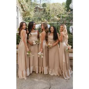 OFEECHUN Boho Black Bridesmaid Dresses with Slit Satin Ruffle Long Formal Evening Gown Size 12