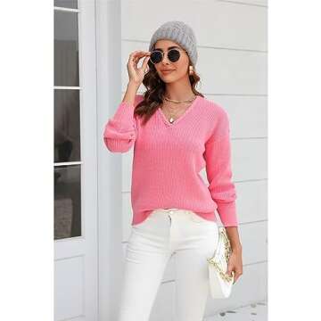 Yazinie Fall Sweaters for Women Lightweight Knit Trendy Long Sleeve V Neck Ladies Pullover Sweater for 2023 Winter Pink L