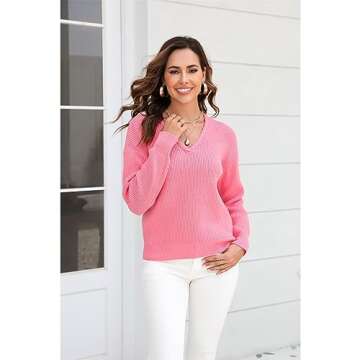 Yazinie Fall Sweaters for Women Lightweight Knit Trendy Long Sleeve V Neck Ladies Pullover Sweater for 2023 Winter Pink L