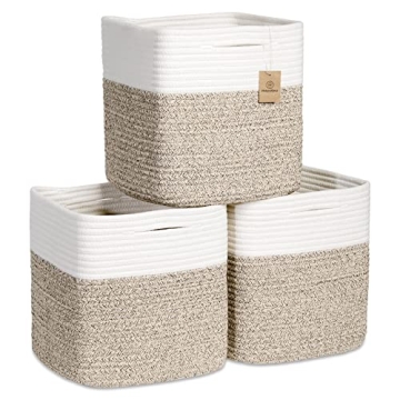NaturalCozy Storage Cubes 11 Inch Cotton Rope Woven Baskets for Organizing, 3-Pack | Cube Bin Square...
