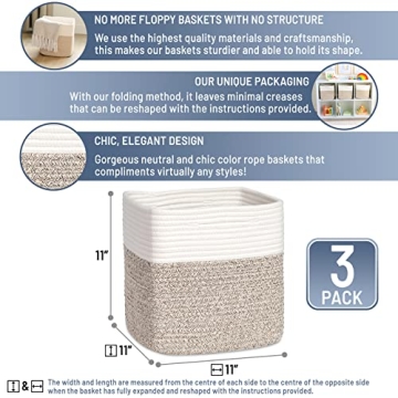 NaturalCozy Storage Cubes 11 Inch Cotton Rope Woven Baskets for Organizing, 3-Pack | Cube Bin Square Shelves Organizer, Classroom, Kids Toy Bins, Closet, Baby Nursery