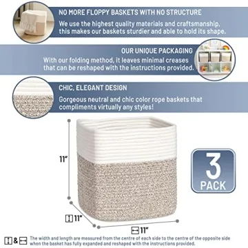 NaturalCozy Storage Cubes 11 Inch Cotton Rope Woven Baskets for Organizing, 3-Pack | Cube Bin Square Shelves Organizer, Classroom, Kids Toy Bins, Closet, Baby Nursery