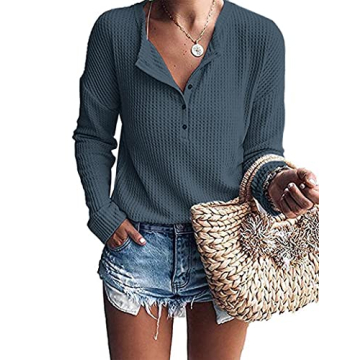 WNEEDU Women's Waffle Knit Tunic Tops Loose Long Sleeve Button Up V Neck Henley Shirts,Purple Gray M