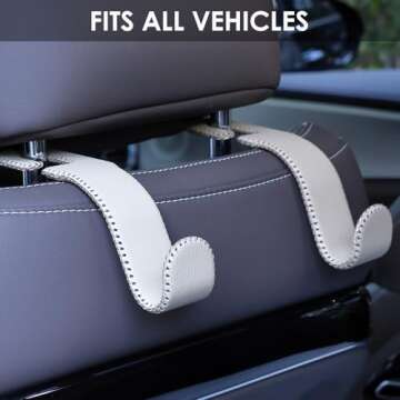 AMVOYOA Leather Car Hooks for Headrest - Fully Leather-Wrapped U-Shaped Purse Holder for Car, Flexib...