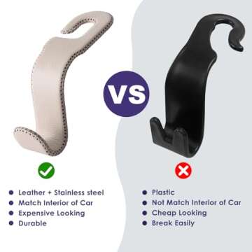 AMVOYOA Leather Car Hooks for Headrest - Fully Leather-Wrapped U-Shaped Purse Holder for Car, Flexible Seat Back Organizer & Durable Car Accessories for Purses, Bags, Coats & More (Beige, 2 Pack)
