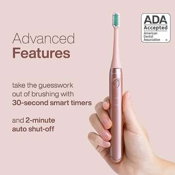 Aquasonic Icon ADA-Accepted Rechargeable Toothbrush | Magnetic Holder & Slim Travel Case | 2 Brushing Modes & Smart Timers | Gentle Micro-Vibrations (Blush)