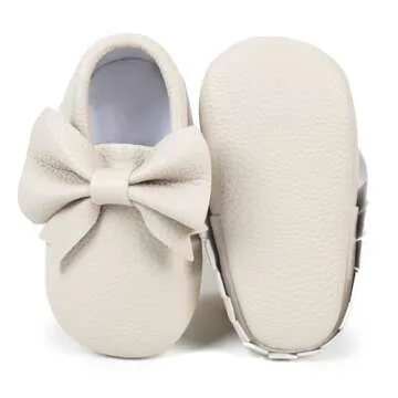 Bebila Double Bow Fringe Baby Moccasins - Soft Sole Baby Shoes Girls Toddler Crib Flats