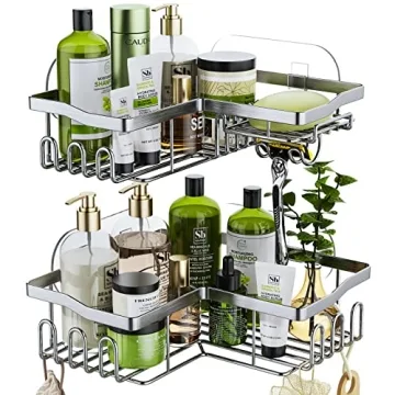 HapiRm Corner Shower Caddy with Shampoo Holder - Silver Stainless Steel, 11 Hooks, No Drilling