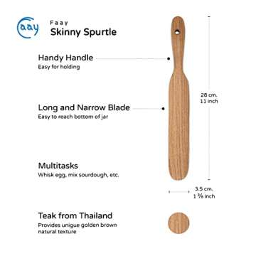 FAAY Skinny Spurtle – Sourdough Mixer & Bread Stirring Spatula | Ideal for Dough Whisking, Mixing, Jar Scraping, & Reaching Bottom | Teak Utensil Tools for Starter, Baking, Sour dough Gift