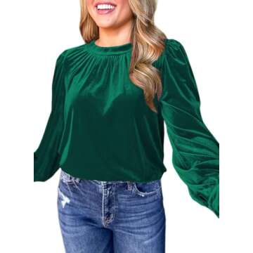 Womens Green Puff Long Sleeve Velvet Tops 2024 Fall Winter Trendy Christmas New Years Eve Holiday Ev...