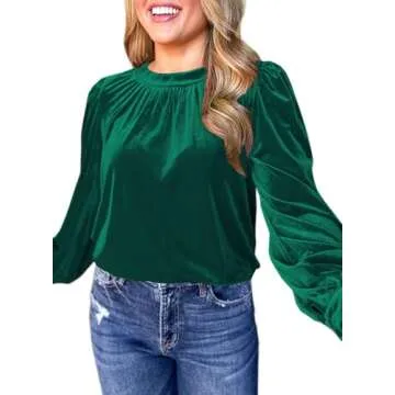 Womens Green Puff Long Sleeve Velvet Tops 2024 Fall Winter Trendy Christmas New Years Eve Holiday Ev...