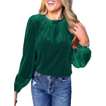 Trendy Women's Green Velvet Puff Sleeve Tops for Holidays