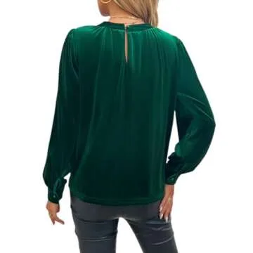 Trendy Women's Green Velvet Puff Sleeve Tops for Holidays