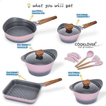 Nonstick Cookware Set 100% PFOA Free Aluminum Induction Pots and Pans Set with Cooking Utensils- 15 - Piece - Pink