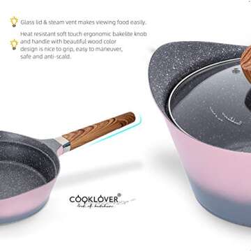 Nonstick Cookware Set 100% PFOA Free Aluminum Induction Pots and Pans Set with Cooking Utensils- 15 - Piece - Pink