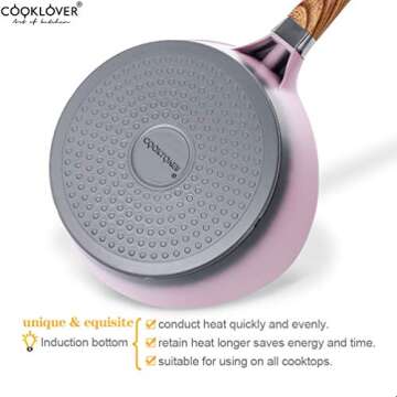 Nonstick Cookware Set 100% PFOA Free Aluminum Induction Pots and Pans Set with Cooking Utensils- 15 - Piece - Pink