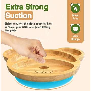 Bamboo Plates For Kids - Baby and Toddler Bamboo Suction Plate for Babies Feeding and Weaning, Promotes Self-Feeding with Eco-Friendly Sturdy Bear Design, Suction Plates for Busy Moms & Dads, Blue
