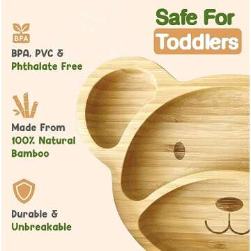 Bamboo Plates For Kids - Baby and Toddler Bamboo Suction Plate for Babies Feeding and Weaning, Promotes Self-Feeding with Eco-Friendly Sturdy Bear Design, Suction Plates for Busy Moms & Dads, Blue
