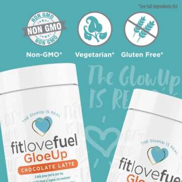 NuEthix Formulations fitlovefuel GloeUp All-in-One Dietary Supplement Powder, Vegetarian, Gluten Free, Non-GMO, Chocolate Latte, 30 Servings