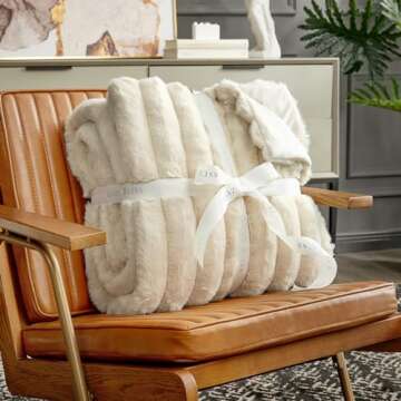 Cozy Bliss Faux Fur Throw Blanket for Couch, Cozy Warm Plush Striped Blanket for Sofa Bedroom Living Room,50 * 60 Inches Beige